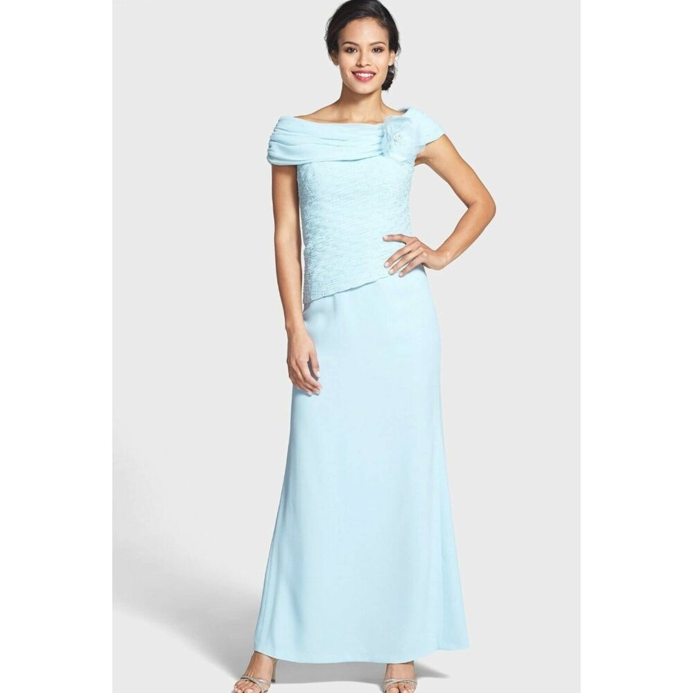 $850 Daymor Off the Shoulder Chiffon & Crepe Gown BLUE MOTHER OF BRIDE FORMAL 16